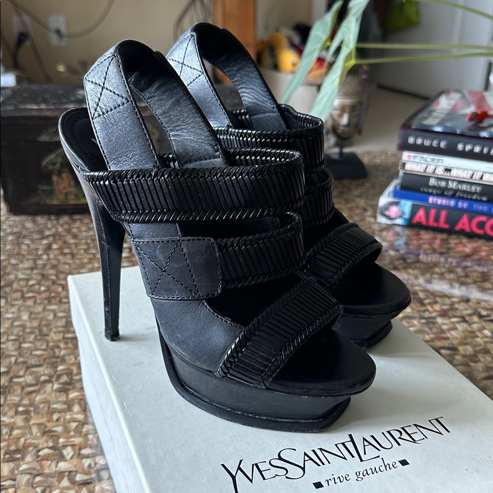 Yves Saint Laurent Black Strappy platform Heels - Picture 2 of 8